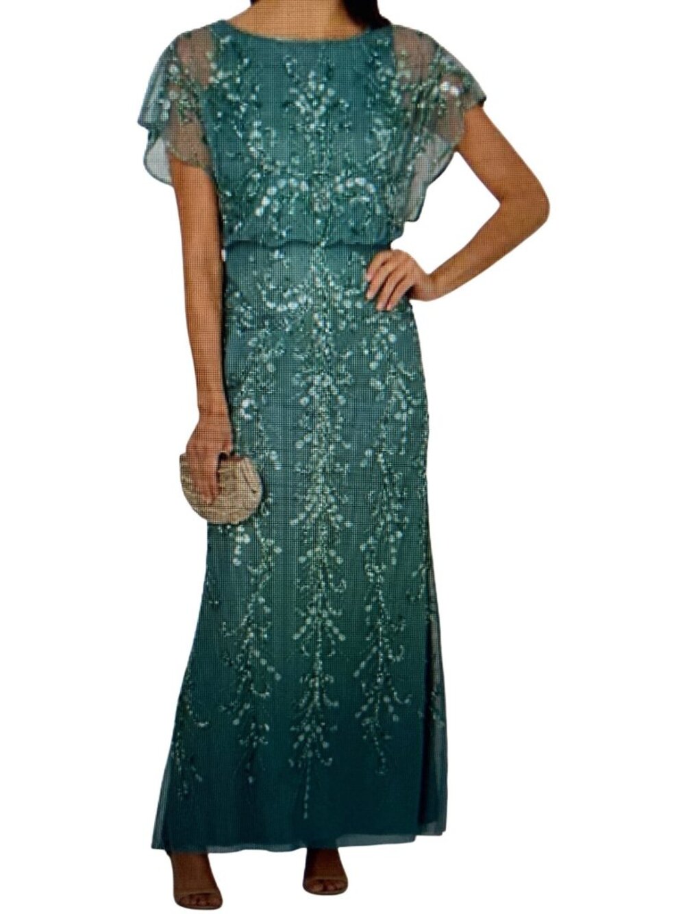 Adrianna Papell  Women's Beaded Blouson-Sleeve Gown 20 W Green Slate  NWT